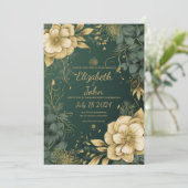 Elegante gouden en groene trouwuitnodiging. kaart (Staand voorkant)