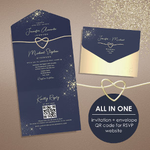 Elegante Gouden en Marineblauwe QR Code Bruiloft All In One Uitnodiging