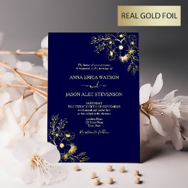 Elegante gouden en marineblauwe trouwkaart met fol folie uitnodiging