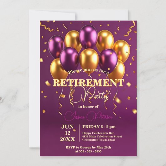 Elegante gouden en Paarse ballonnen pensioenfeest Kaart (Voorkant)