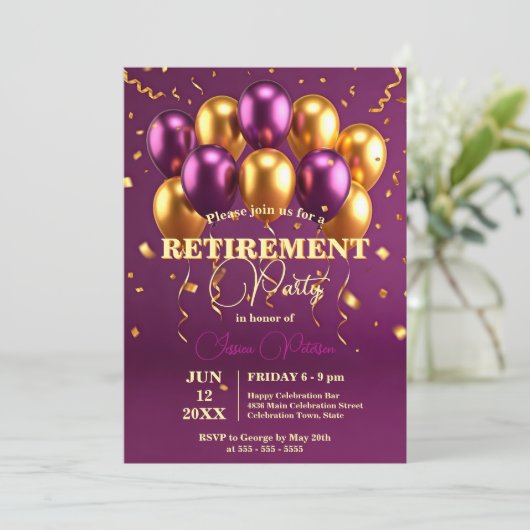 Elegante gouden en Paarse ballonnen pensioenfeest Kaart (Staand voorkant)