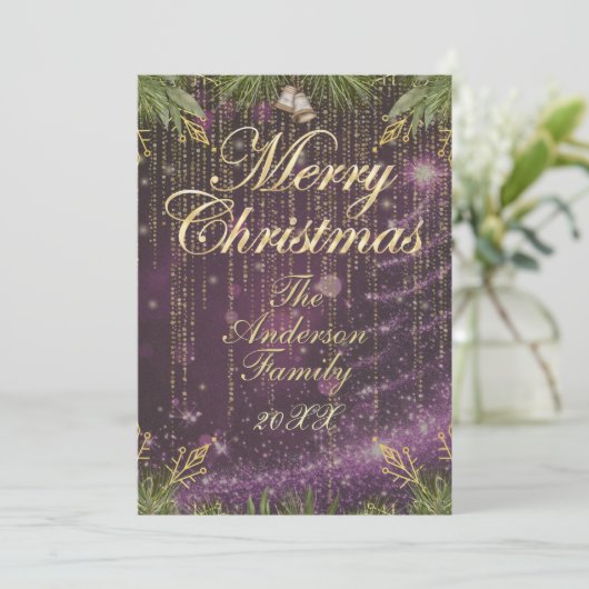 Elegante gouden en Paarse kerst Kaart (Staand voorkant)