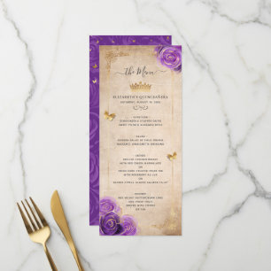 Elegante gouden en paarse rozen waterverf bloemen menu