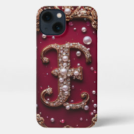 Elegante gouden en parelversierde letter iPhone 13 hoesje