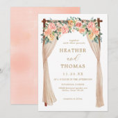 Elegante gouden en perzik bloemenboog bruiloft kaart (Voorkant / Achterkant)