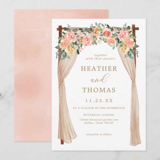 Elegante gouden en perzik bloemenboog bruiloft kaart (Voorkant / Achterkant)