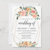 Elegante gouden en perzik bloemenbruiloft uitnodig kaart (Voorkant)