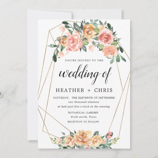 Elegante gouden en perzik bloemenbruiloft uitnodig kaart (Voorkant)
