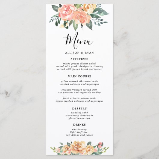 Elegante gouden en perzik bloemige bruiloft menu's (Voorkant)