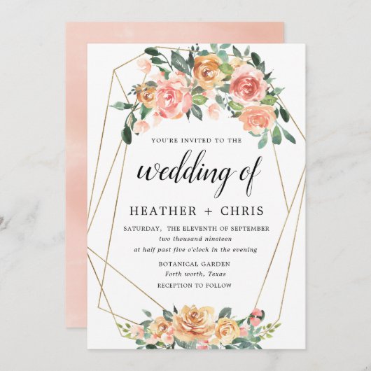 Elegante gouden en perzik bloemige trouwuitnodigin kaart (Voorkant / Achterkant)
