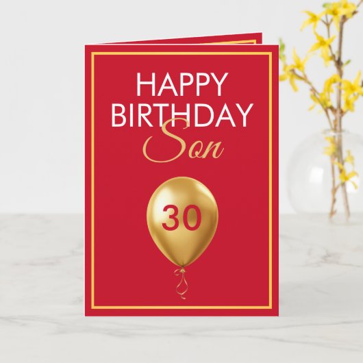 Elegante Gouden en Rode Ballon Zoon 30e Verjaardag Kaart (Gele Bloem)