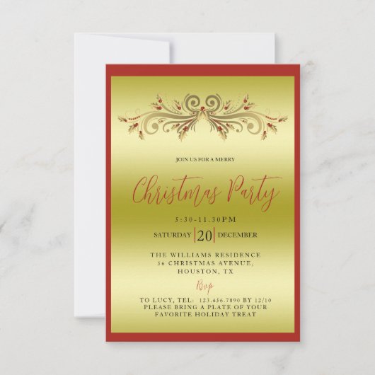 Elegante gouden en rode decoratieve kerstfeest kaart (Voorkant)