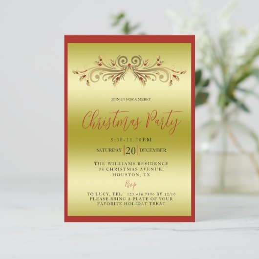 Elegante gouden en rode decoratieve kerstfeest kaart (Staand voorkant)