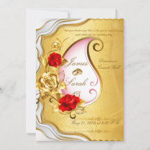 Elegante gouden en rode roos trouwuitnodiging