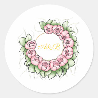 Elegante gouden en roze bloemenkrans favor-sticker ronde sticker