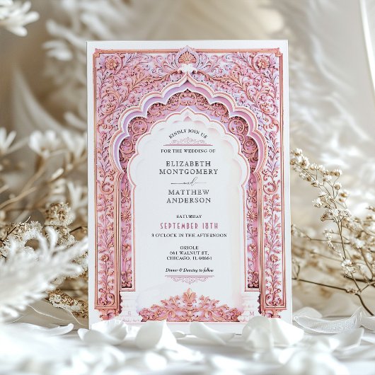 Elegante gouden en roze filigraan bruiloft kaart