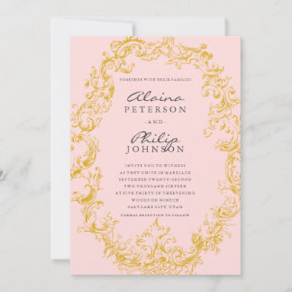 Elegante gouden en roze Lijst huwelijksuitnodiging Kaart