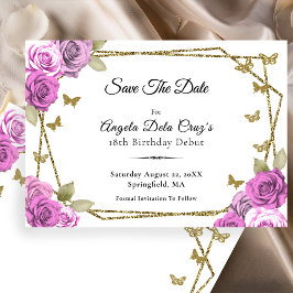 Elegante gouden en roze rozen 18e verjaardag debuu save the date