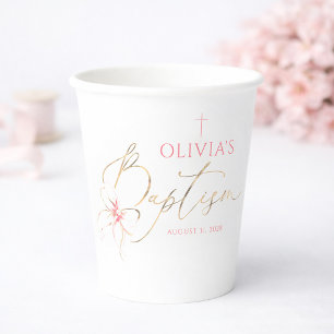 Elegante gouden en roze strik meisjesdoop papieren bekers