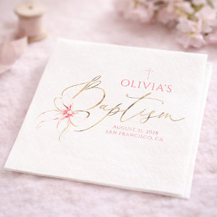 Elegante gouden en roze strik meisjesdoop servet