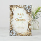 Elegante gouden en witte bloemen grens bruiloft kaart (Staand voorkant)