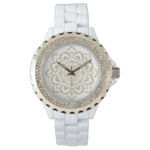 Elegante Gouden en Witte Dot Mandala Bloem Horloge