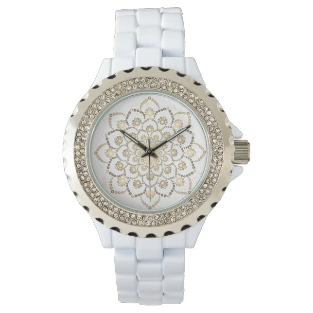Elegante Gouden en Witte Dot Mandala Bloem Horloge (Voorkant)
