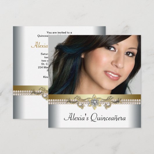 Elegante gouden en witte foto Quinceanera Kaart (Voorkant / Achterkant)