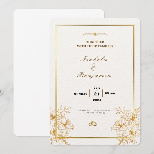 Elegante gouden en witte huwelijksuitnodiging kaart (Voorkant / Achterkant)