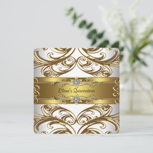 Elegante gouden en witte Quinceanera-uitnodigingen Kaart (Staand voorkant)