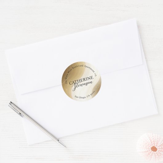 Elegante gouden en witte werveling retour adreslab ronde sticker (Envelop)