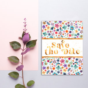Elegante Gouden en Witte Wilde Bloem Bewaar de Dat Briefkaart