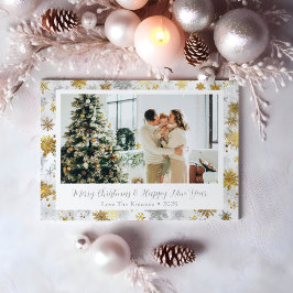 Elegante gouden en zilveren sneeuwvlok kerstfoto feestdagenkaart