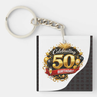 Elegante Gouden en Zwarte 50e Verjaardagsviering Sleutelhanger