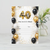 Elegante gouden en zwarte ballon 40e verjaardag ui kaart (Staand voorkant)