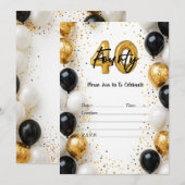 Elegante gouden en zwarte ballon 40e verjaardag ui kaart (Voorkant / Achterkant)