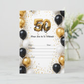 Elegante gouden en zwarte ballon 50e verjaardag ui kaart (Staand voorkant)
