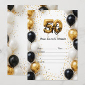 Elegante gouden en zwarte ballon 50e verjaardag ui kaart (Voorkant / Achterkant)