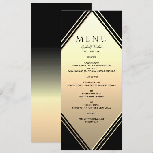 Elegante Gouden en Zwarte Bruiloft Menu (Voorkant / Achterkant)