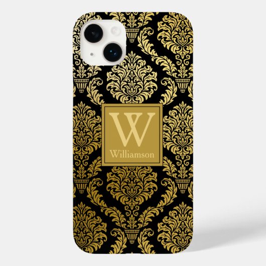 Elegante gouden en zwarte damast print gepersonali Case-Mate iPhone case (Achterkant)