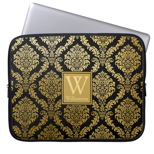 Elegante gouden en zwarte damast print gepersonali laptop sleeve (Voorkant)