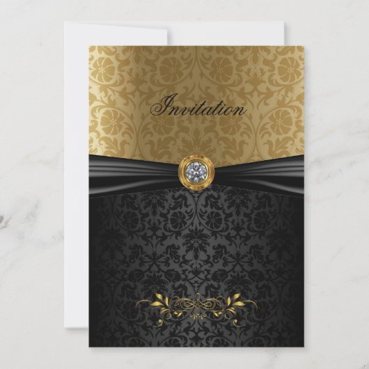 Elegante gouden en zwarte damast uitnodiging (Voorkant)