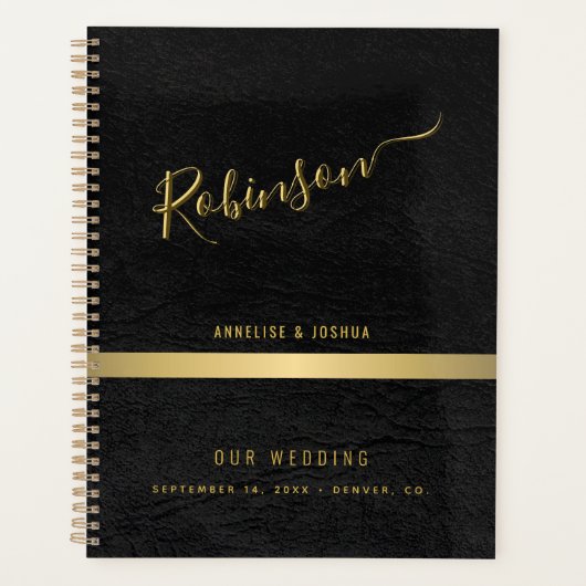 Elegante gouden en zwarte moderne script bruiloft planner (Voorkant)