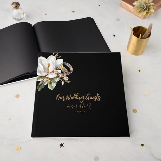Elegante gouden en zwarte trouwringen bruiloft gastenboek (Voorkant open)