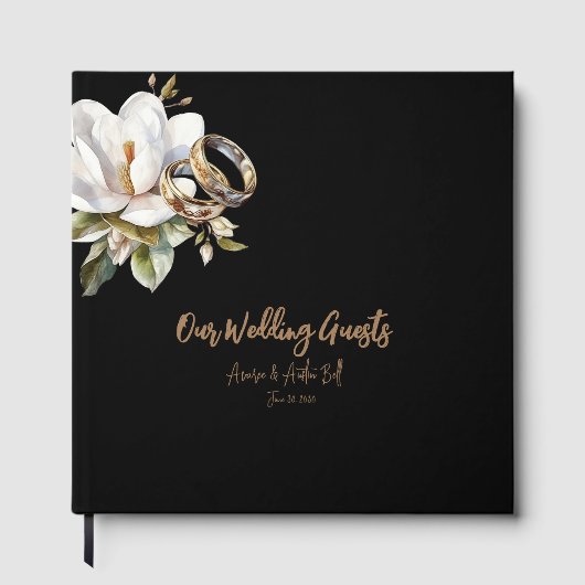 Elegante gouden en zwarte trouwringen bruiloft gastenboek (Voorkant)
