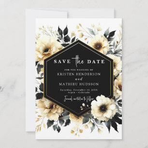 Elegante gouden en zwarte trouwringen op maat gema save the date