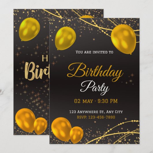 Elegante gouden en zwarte verjaardagsfeestuitnodig kaart (Voorkant / Achterkant)