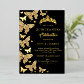 Elegante gouden en zwarte vlinder Quinceanera Folie Uitnodiging (Staand Voorkant)