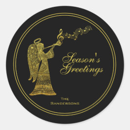 Elegante gouden engel op zwarte kerst ronde sticker