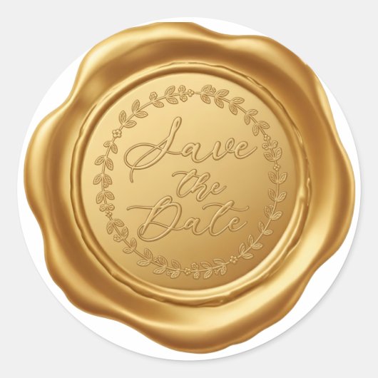 Elegante gouden Faux Wax Seal "Save the Date" Huwe Ronde Sticker (Voorkant)
